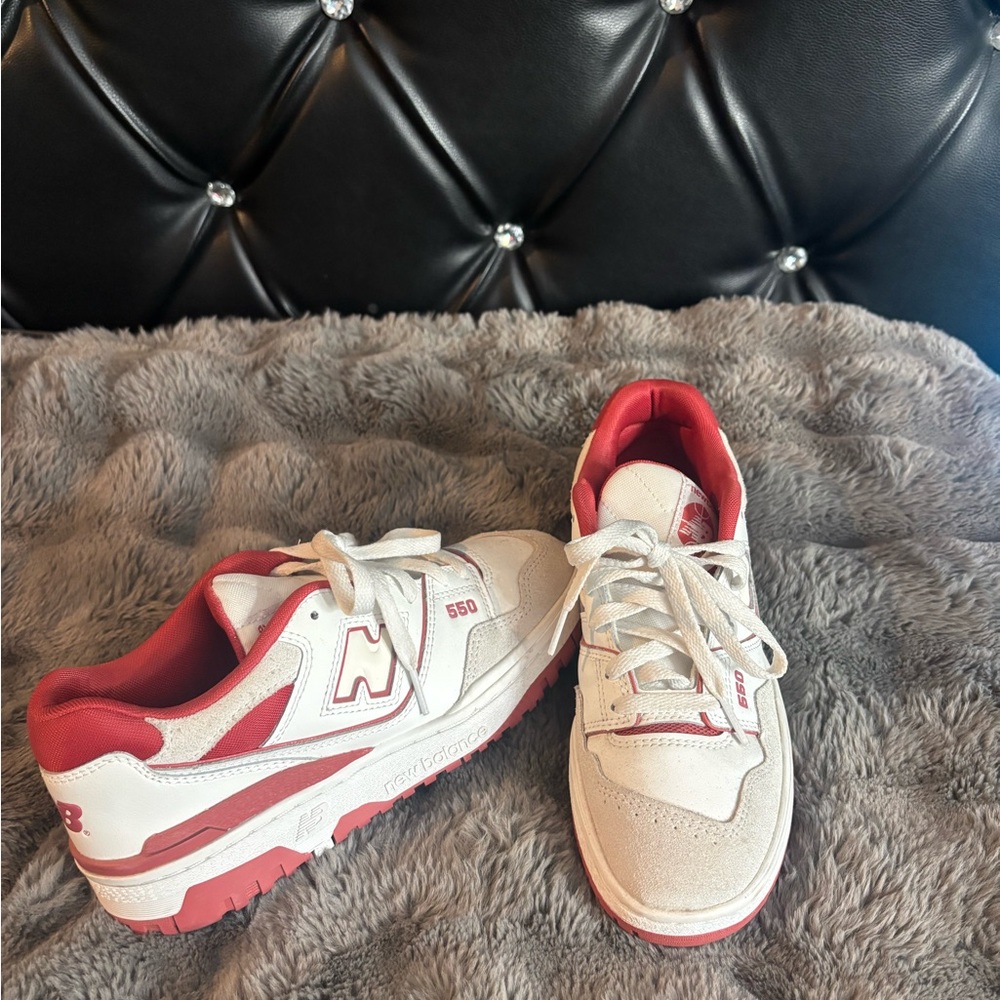 New Balance 550 Cream and Red Athletic Shoes
